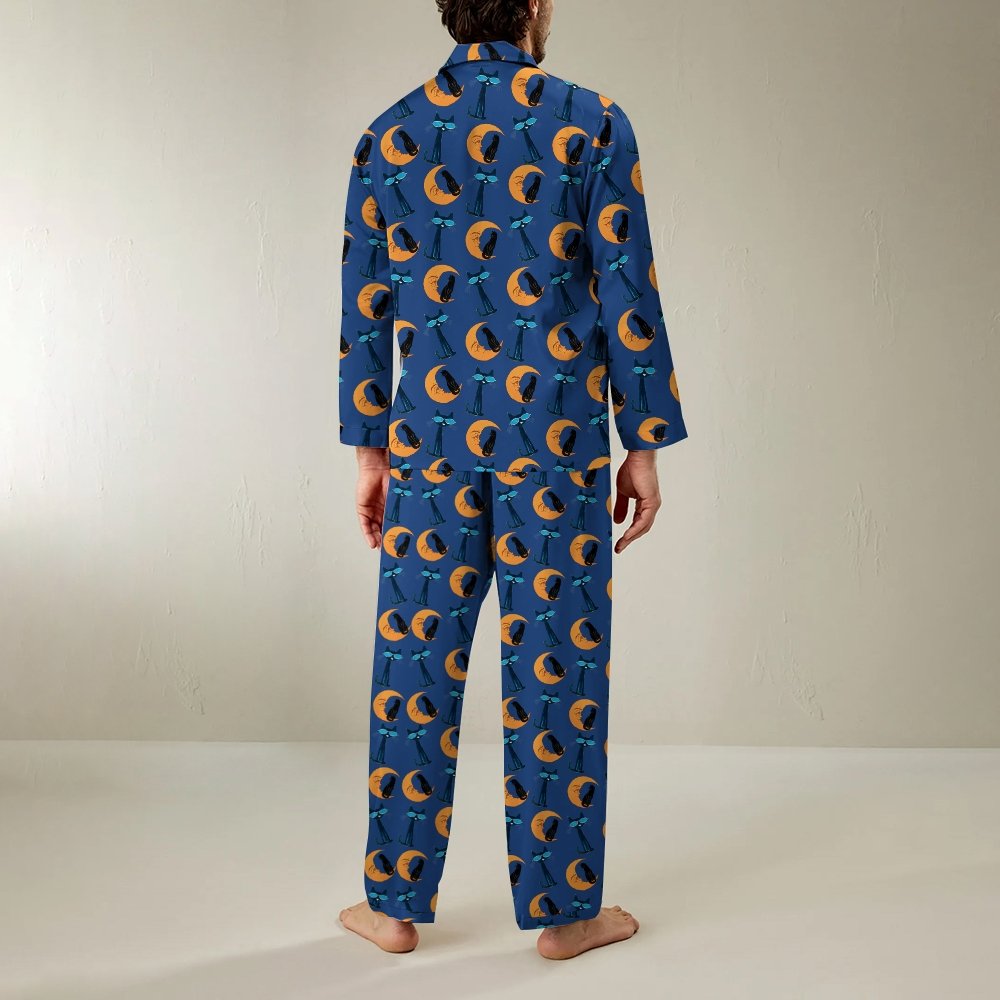 Moon Black Cat Print Geek Long Sleeve Pajama Set