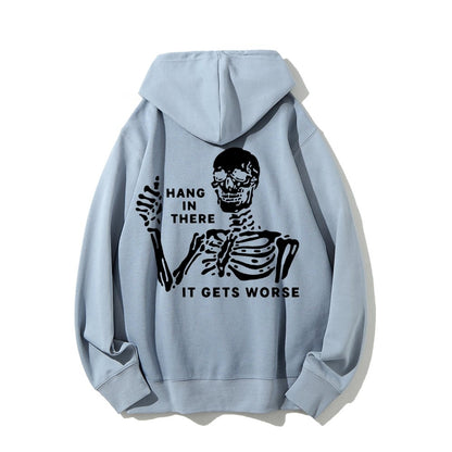 Hang In There Skeleton Printed Back Unisex Cotton Hoodie