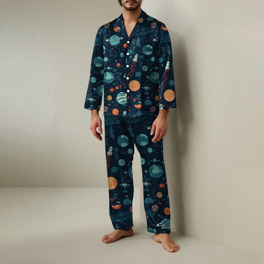 Space Planet Rocket Art Print Geek Long Sleeve Pajama Set
