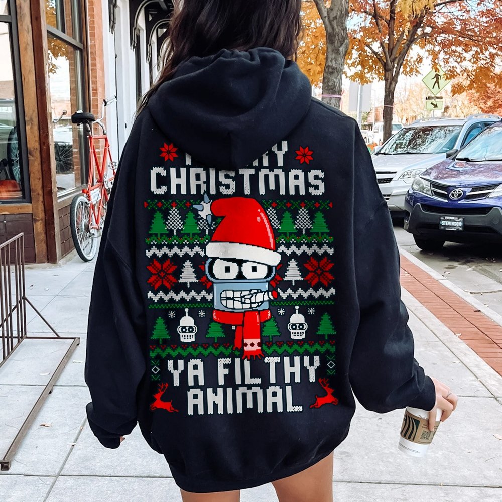Merry Christmas Ya Filthy Animal Printed Back Cotton Hoodie