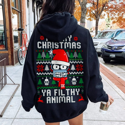 Merry Christmas Ya Filthy Animal Printed Back Cotton Hoodie