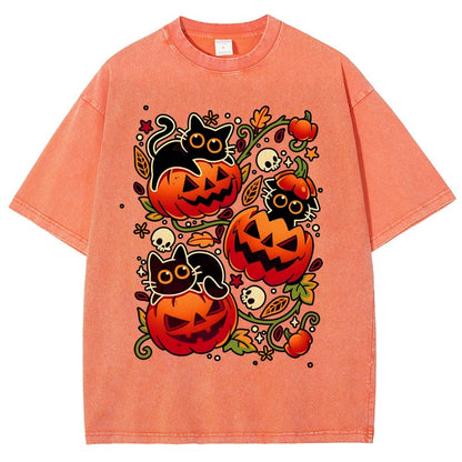 Black Cat Pumpkin Halloween Party Vintage Distressed T-shirt