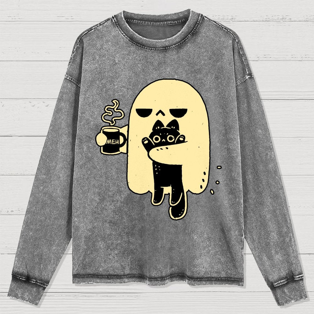 Cute Ghost Holding Cat Washed Long Sleeve Tee