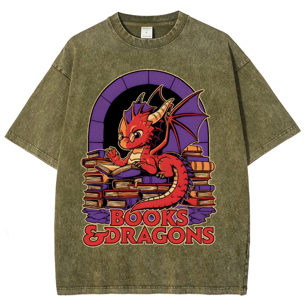 Books and Dragons Vintage Distressed T-shirt