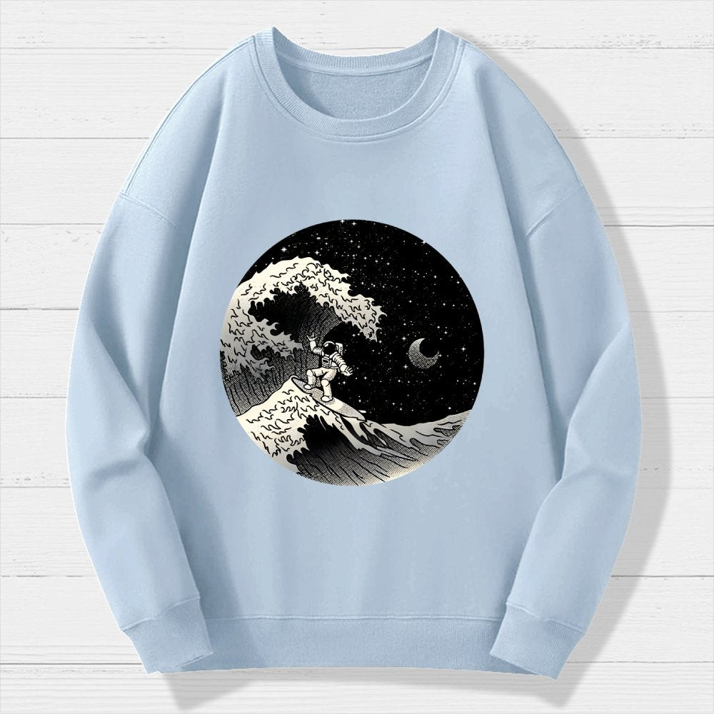 Astronaut Surfing Kanagawa Wave Geek Cotton Sweatshirt