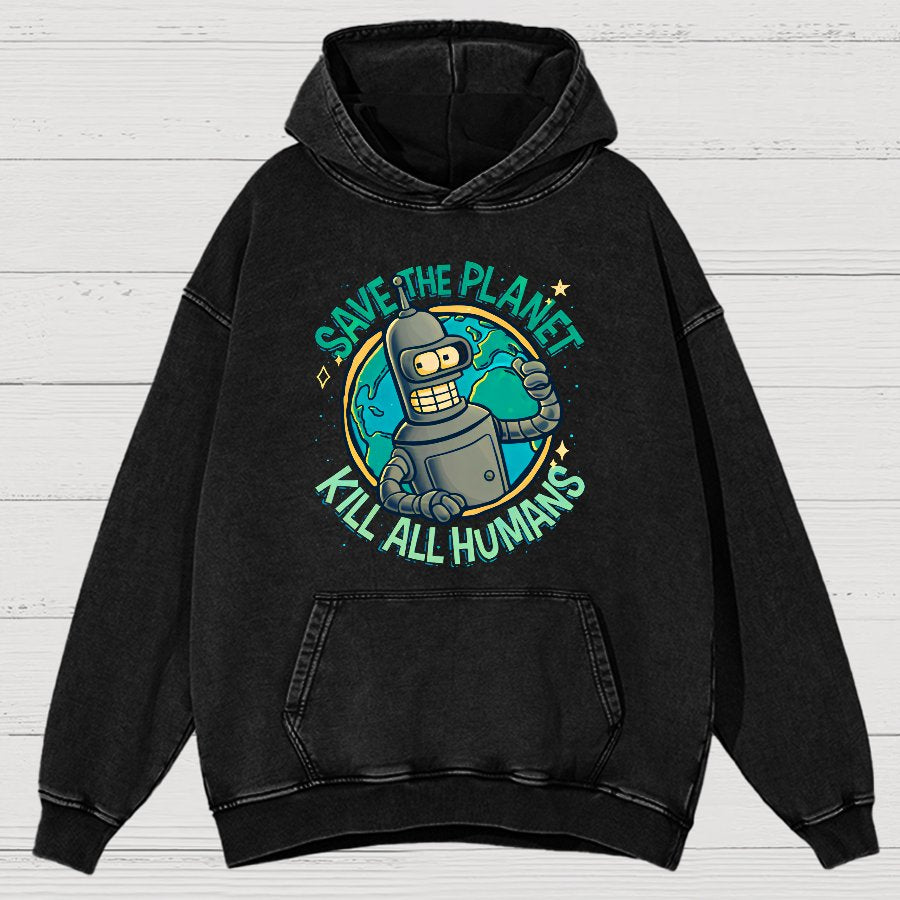 Save The Planet Kill All Humans Vintage Distressed Hoodie