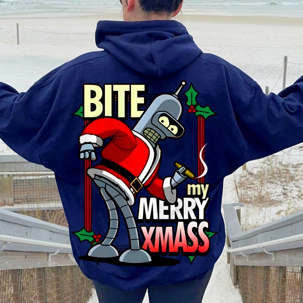 Happy Christmas From Robot Printed Back Cotton Hoodie