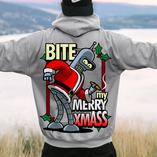 Happy Christmas From Robot Printed Back Cotton Hoodie