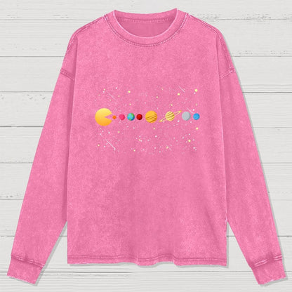 Funny Solar System - Astronauts Space Video Games Washed Long Sleeve Tee