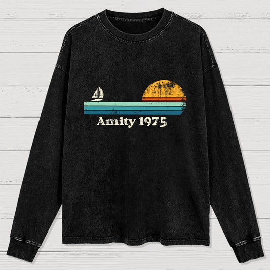 Amity 1975 Sunset Retro Sailboat Sunrise Summer Washed Long Sleeve Tee