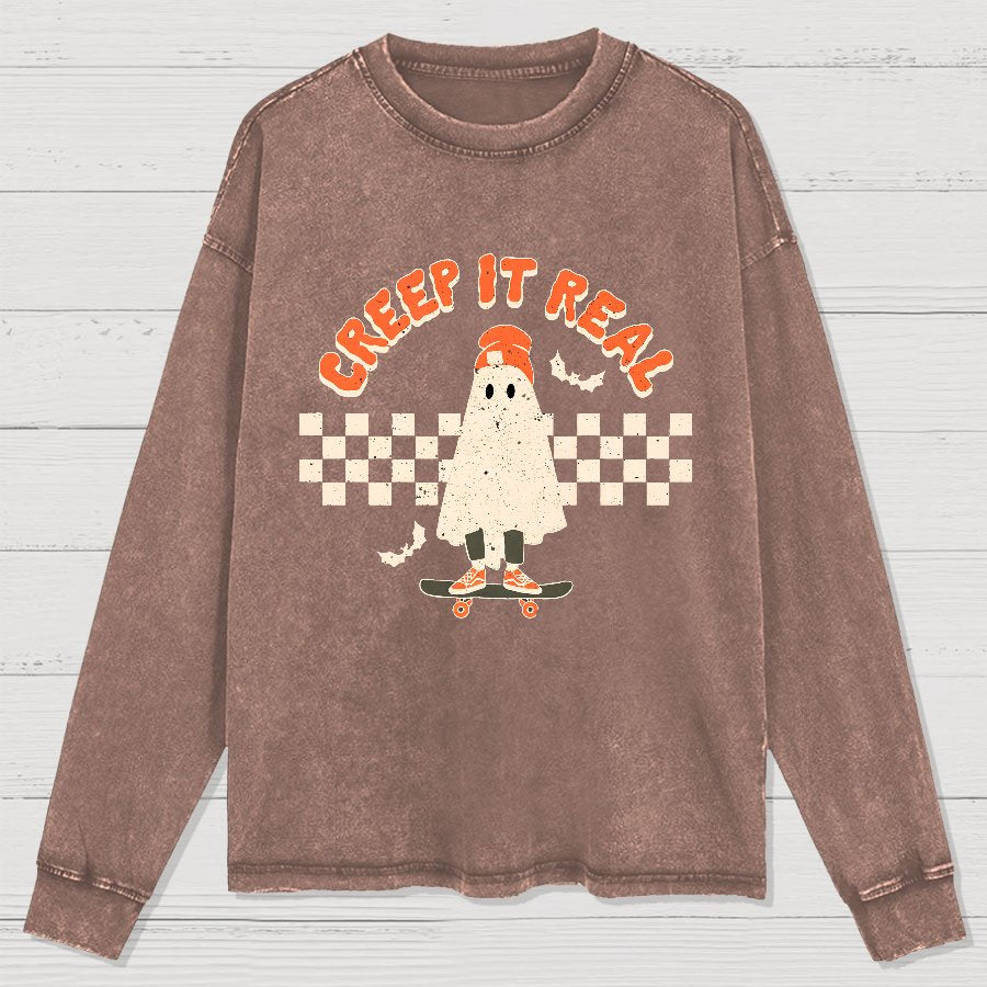 Creep it Real Vintage Ghost Halloween Washed Long Sleeve Tee
