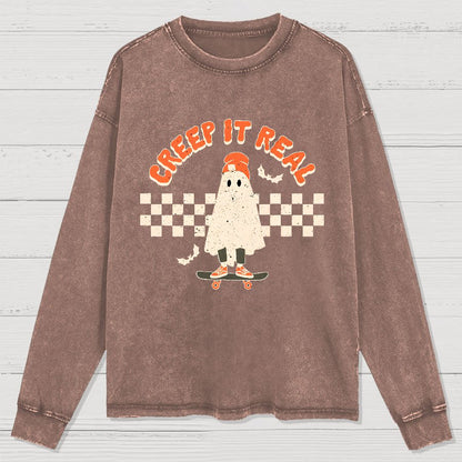 Creep it Real Vintage Ghost Halloween Washed Long Sleeve Tee