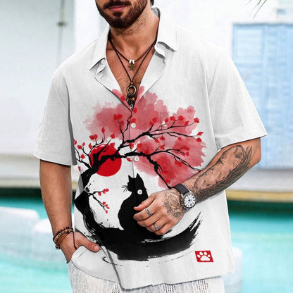 Sakura Cat Sumi E Geek Hawaiian Shirt