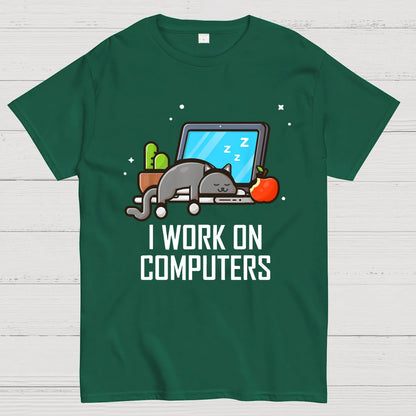 I Work On Computers Funny Cute Tech Coding Cat Geek T-Shirt