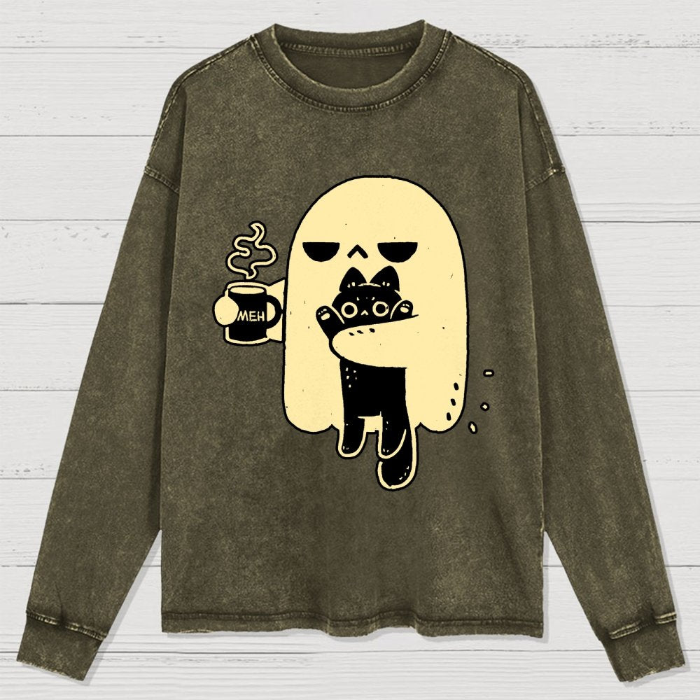 Cute Ghost Holding Cat Washed Long Sleeve Tee