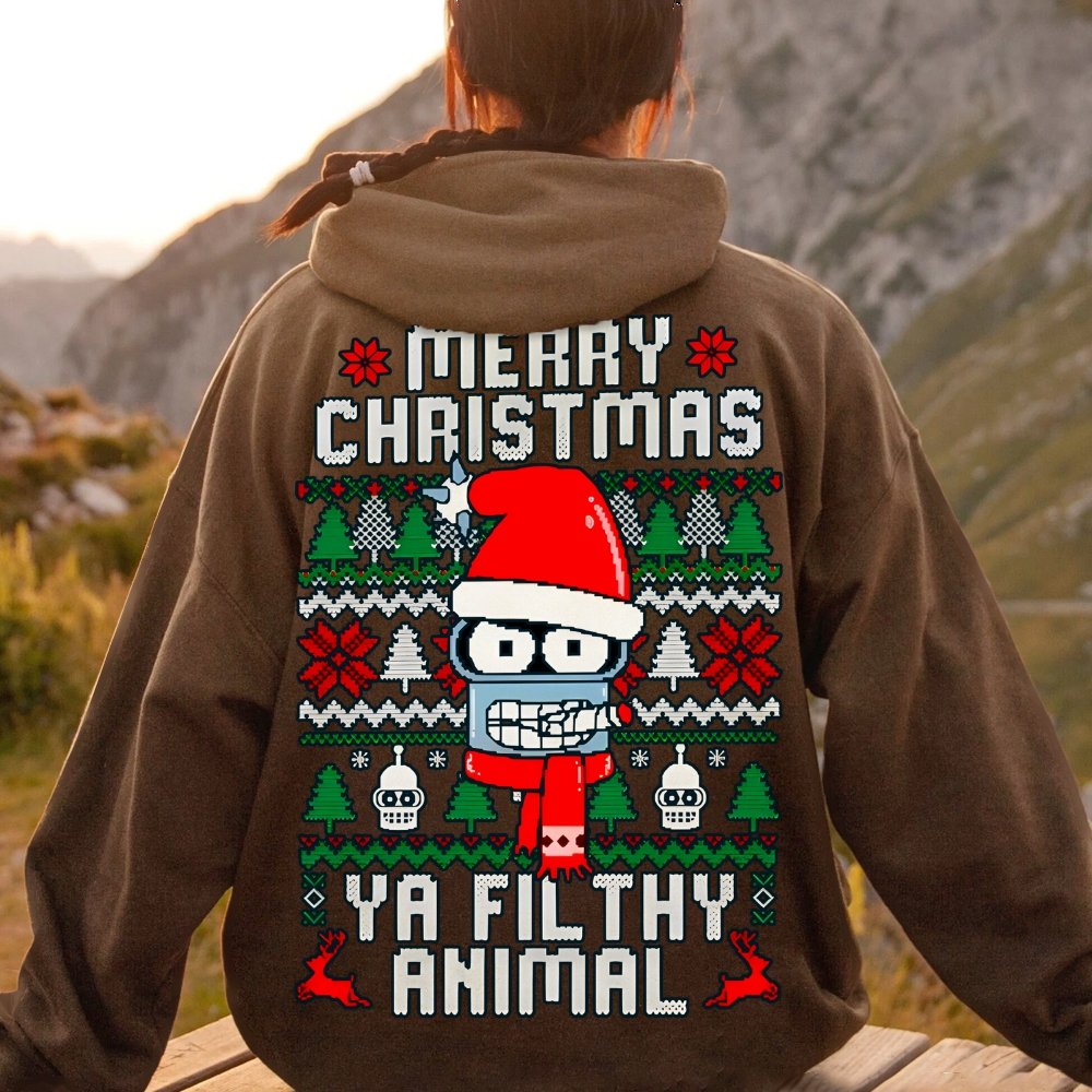 Merry Christmas Ya Filthy Animal Printed Back Cotton Hoodie