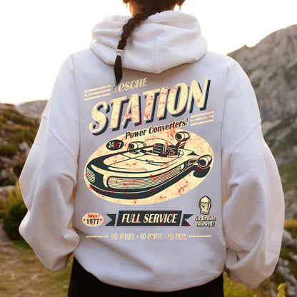 Classic Printed Back Cotton Hoodie with a Fictitious Location Design