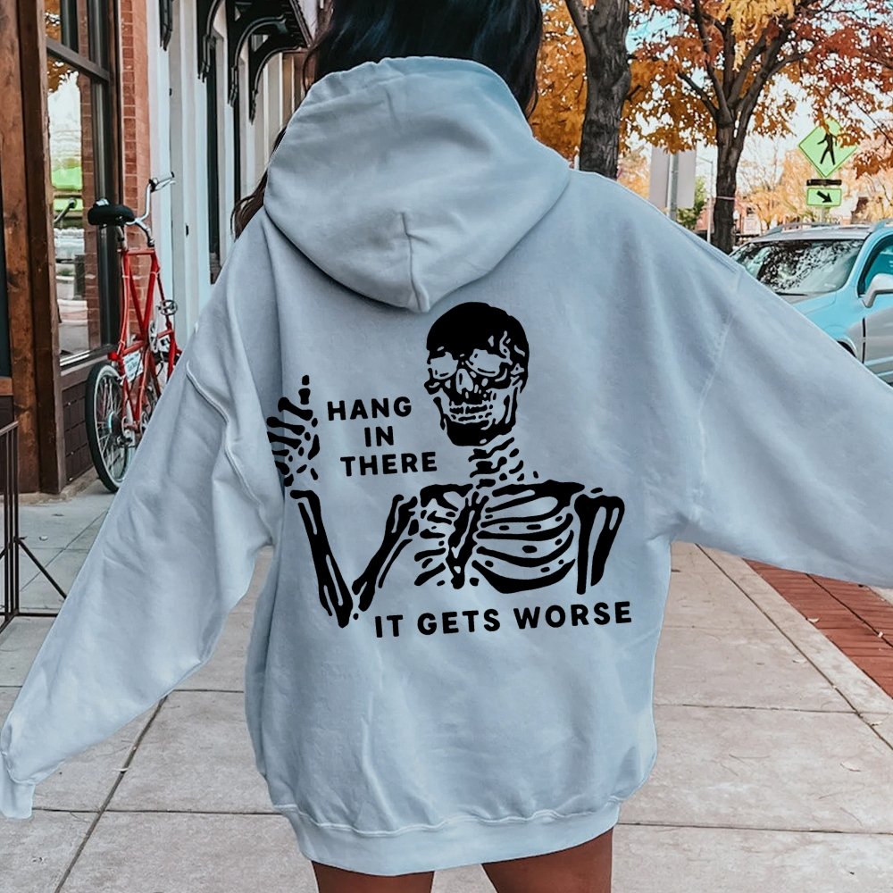 Hang In There Skeleton Printed Back Unisex Cotton Hoodie