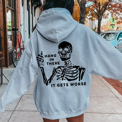 Hang In There Skeleton Printed Back Unisex Cotton Hoodie