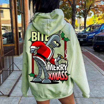 Happy Christmas From Robot Printed Back Cotton Hoodie