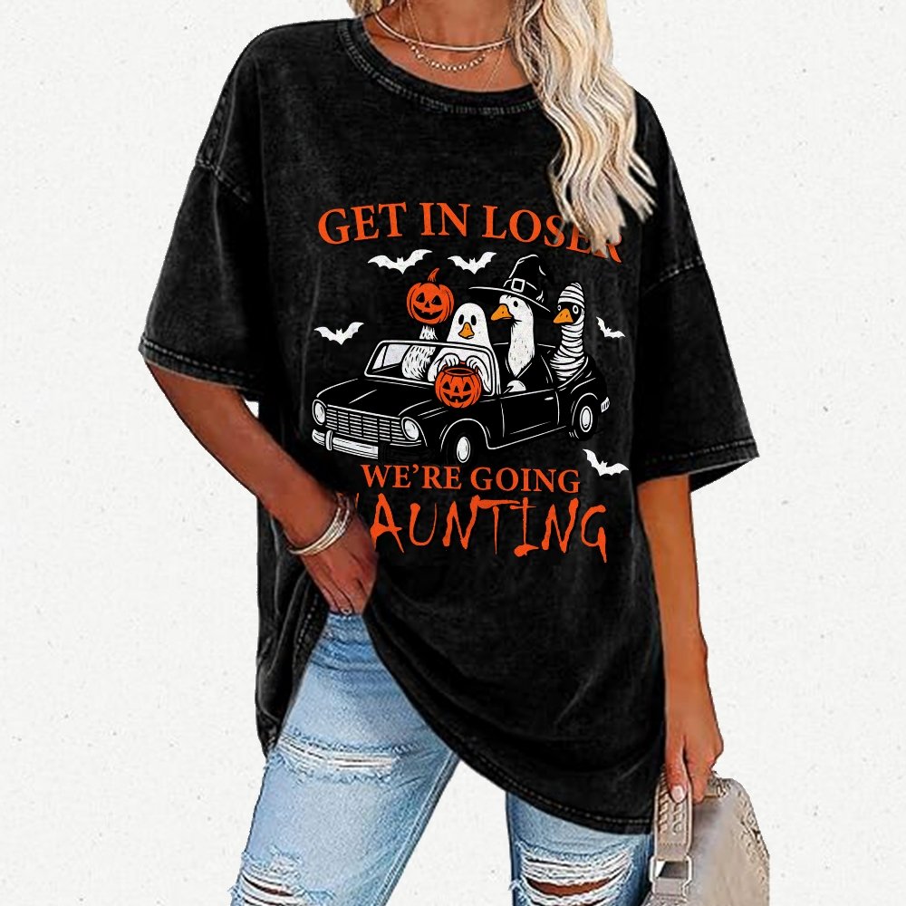 Get in Loser We’re Going Haunting Halloween Ghost Goose Vintage Distressed T-shirt