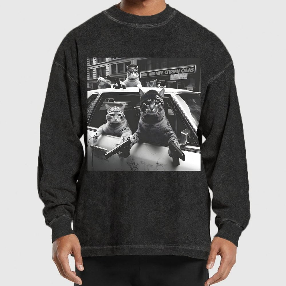 Funny Cat Gang Vintage Washed Long Sleeve Tee