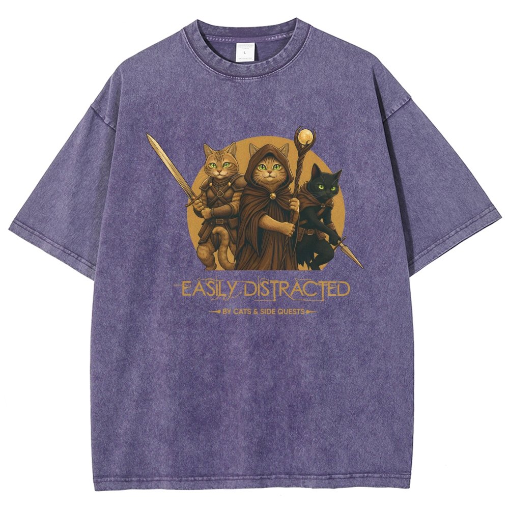 Easily Distracted By Cats And Side Quests Vintage Distressed T-shirt