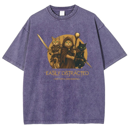Easily Distracted By Cats And Side Quests Vintage Distressed T-shirt