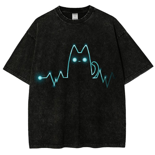 Heart Cat Beat Vintage Distressed T-shirt