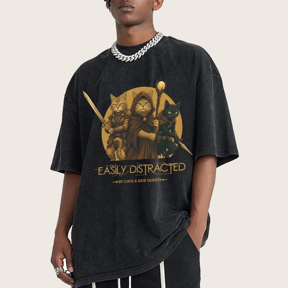 Easily Distracted By Cats And Side Quests Vintage Distressed T-shirt