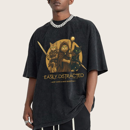Easily Distracted By Cats And Side Quests Vintage Distressed T-shirt