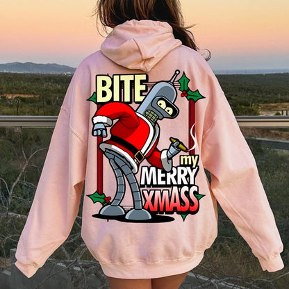 Happy Christmas From Robot Printed Back Cotton Hoodie