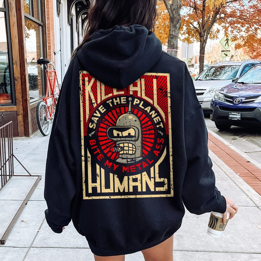 Save The Planet Kill All Humans Geek Printed Back Cotton Hoodie