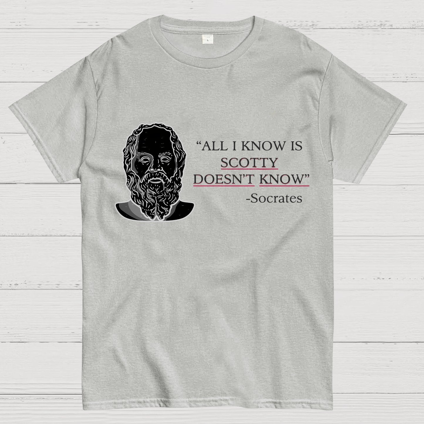 ALL I KNOW IS SCOTTY DOESNT KNOW Small Quantity Socrates Nerdy T-Shirt