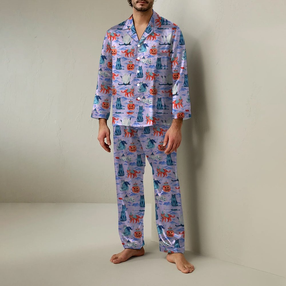 Halloween Cat Art Print Geek Long Sleeve Pajama Set