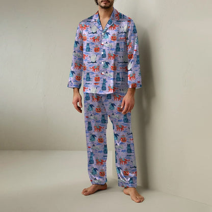 Halloween Cat Art Print Geek Long Sleeve Pajama Set