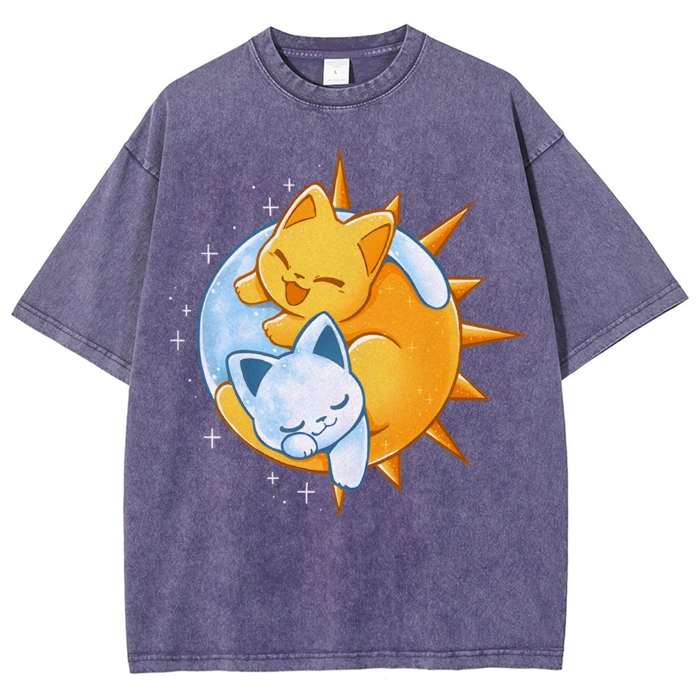 Sun Moon Kittens Vintage Distressed T-shirt