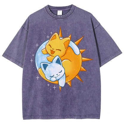 Sun Moon Kittens Vintage Distressed T-shirt