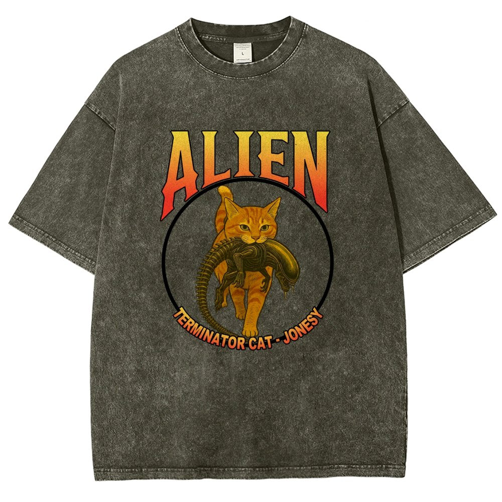 Black Cat Eating Alien Vintage Distressed T-shirt