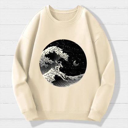 Astronaut Surfing Kanagawa Wave Geek Cotton Sweatshirt