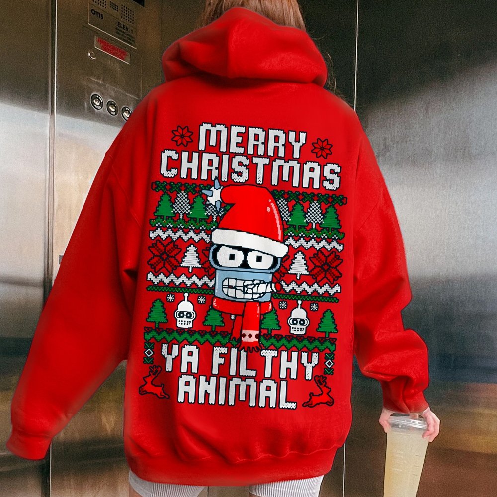 Merry Christmas Ya Filthy Animal Printed Back Cotton Hoodie