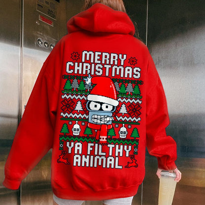 Merry Christmas Ya Filthy Animal Printed Back Cotton Hoodie