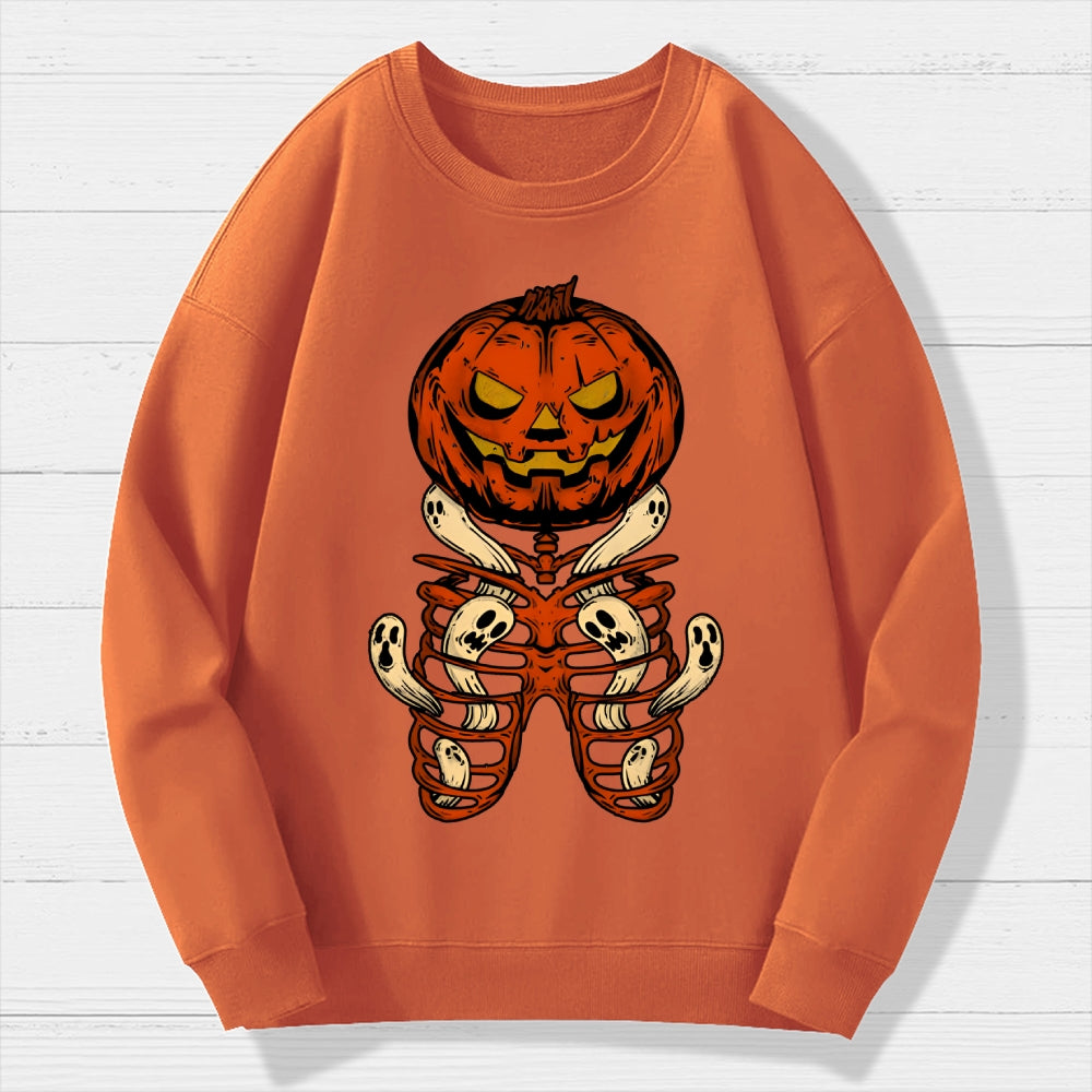 Vintage Halloween Pumpkin Skeleton Ghost Geek Cotton Sweatshirt