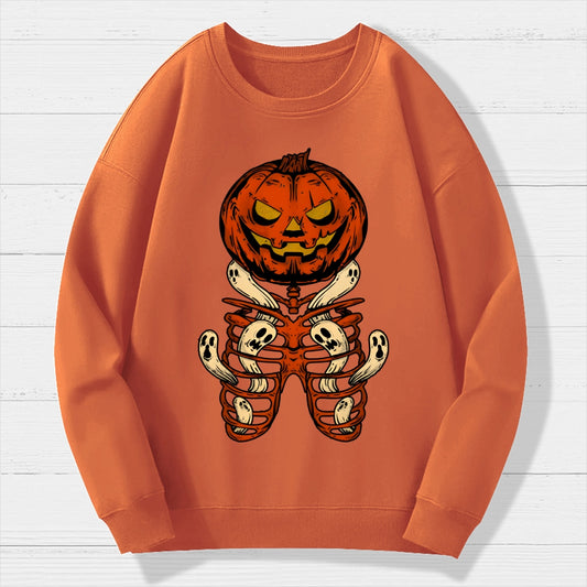 Vintage Halloween Pumpkin Skeleton Ghost Geek Cotton Sweatshirt
