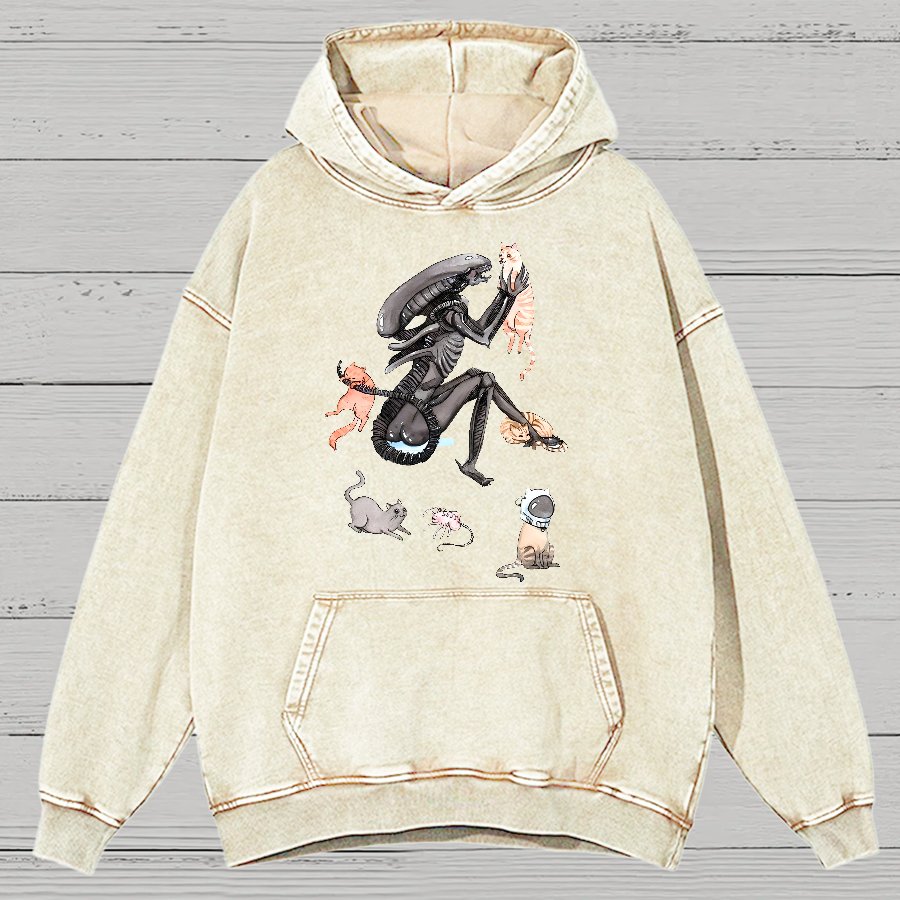 Funny Alien And Cat Vintage Distressed Hoodie