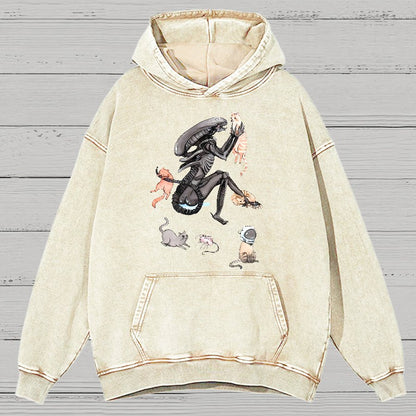 Funny Alien And Cat Vintage Distressed Hoodie