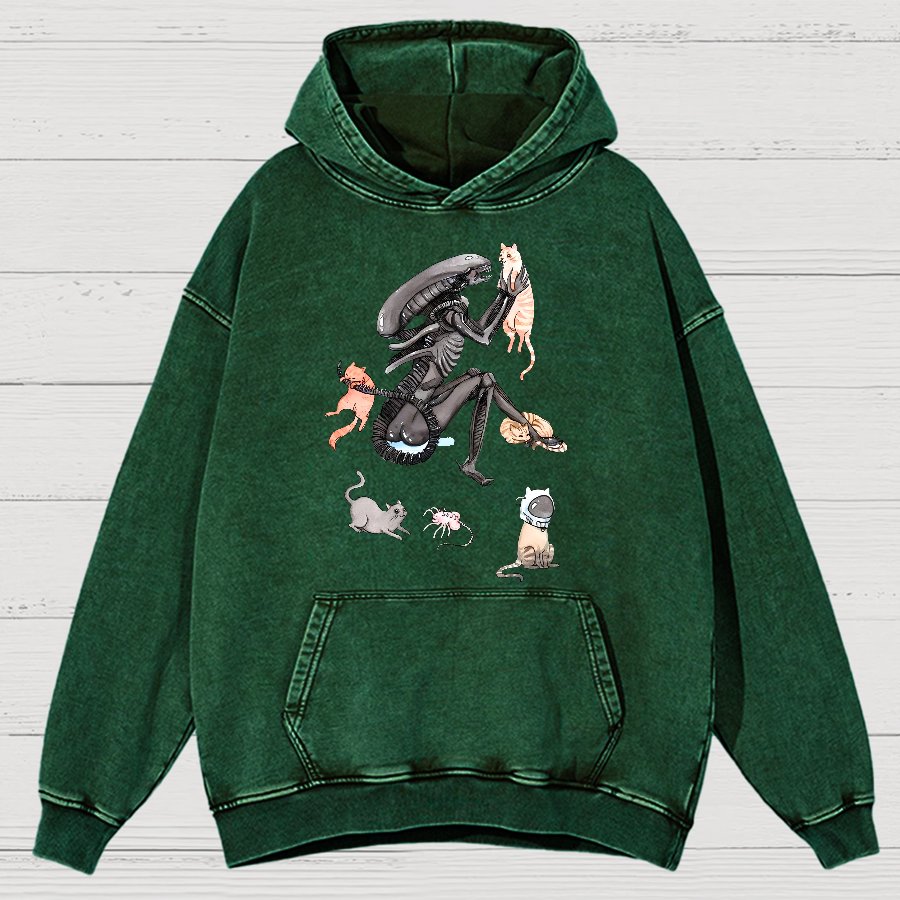 Funny Alien And Cat Vintage Distressed Hoodie