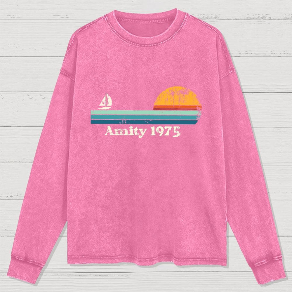Amity 1975 Sunset Retro Sailboat Sunrise Summer Washed Long Sleeve Tee