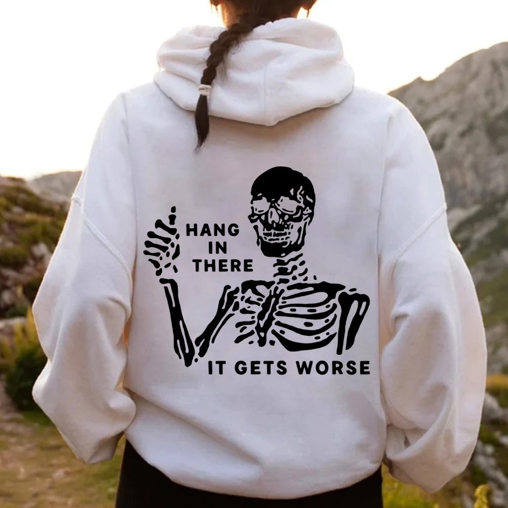 Hang In There Skeleton Printed Back Unisex Cotton Hoodie
