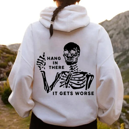 Hang In There Skeleton Printed Back Unisex Cotton Hoodie